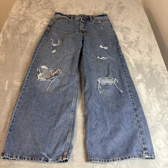 Old Navy‎ Extra High Rise Wide Leg Jeans Women’s 10 Medium Wash Blue Distressed - Picture 1 of 10